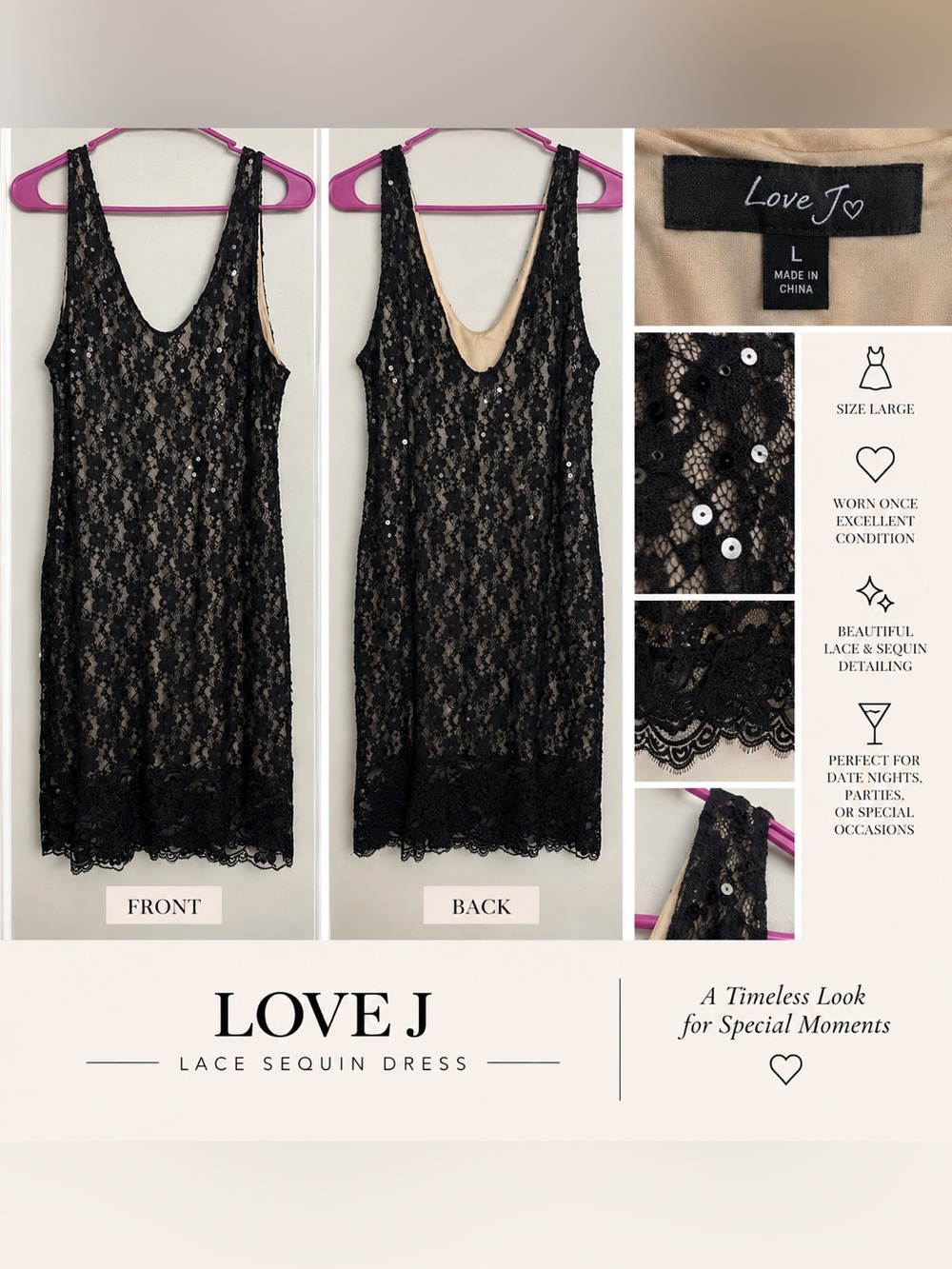 love J Black Lace Sequin Slip with Nude Lining